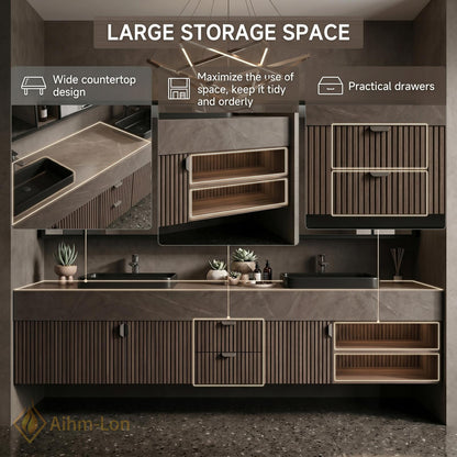 60''-96'' Double Bathroom Vanity with Sink Ribbed Vertical Matte Charcoal Center Shelf