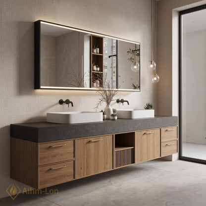 60''-96'' Double Bathroom Vanity with Sink Dark Stone Top Slatted Center Shelving