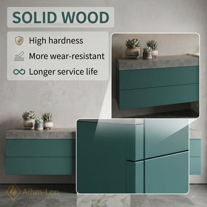 60''-96'' Double Bathroom Vanity with Sink Marble Slab Divider Floating Teal Drawers