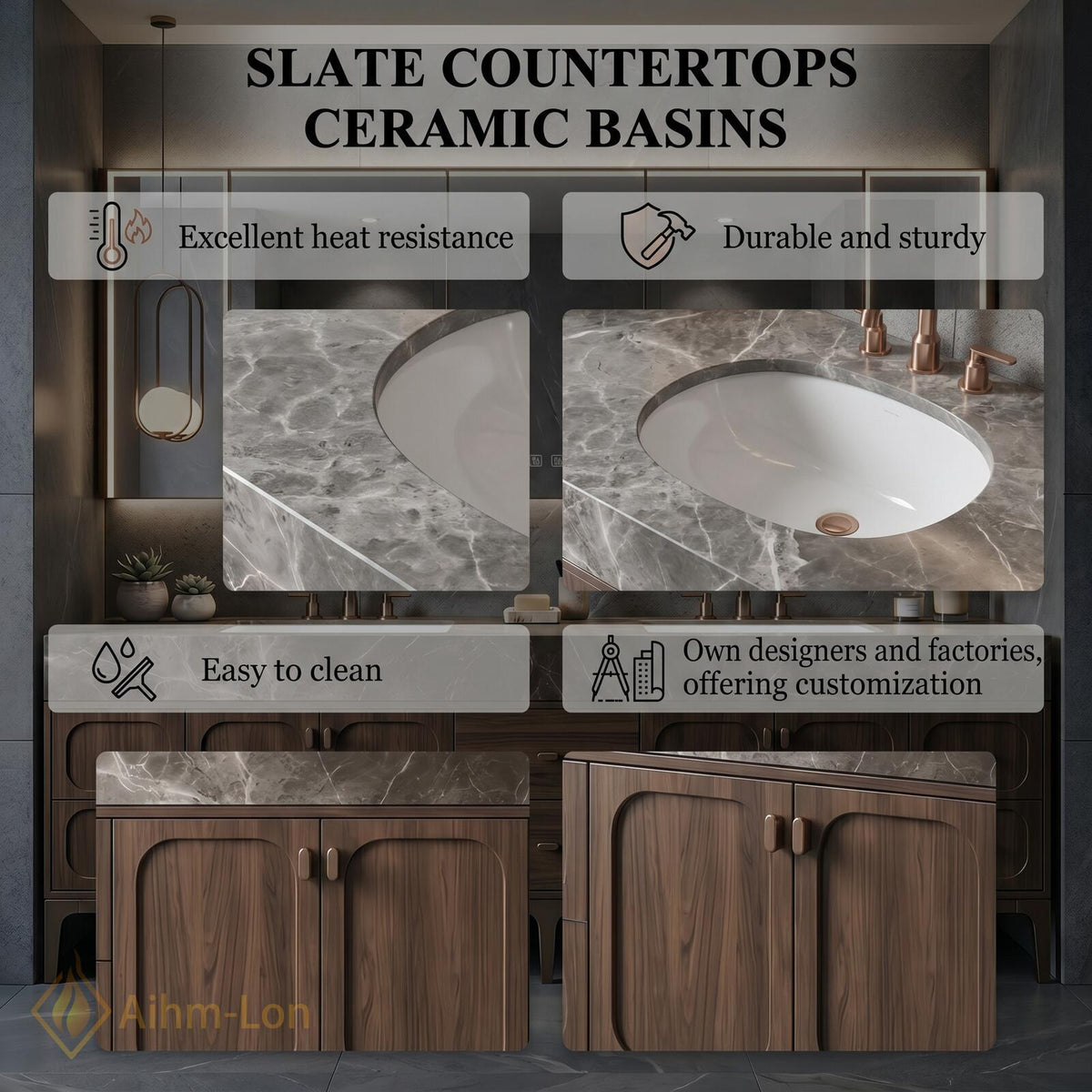 60''-96'' Double Bathroom Vanity with Sink Mid-Century Modern Dark Walnut Solid Base