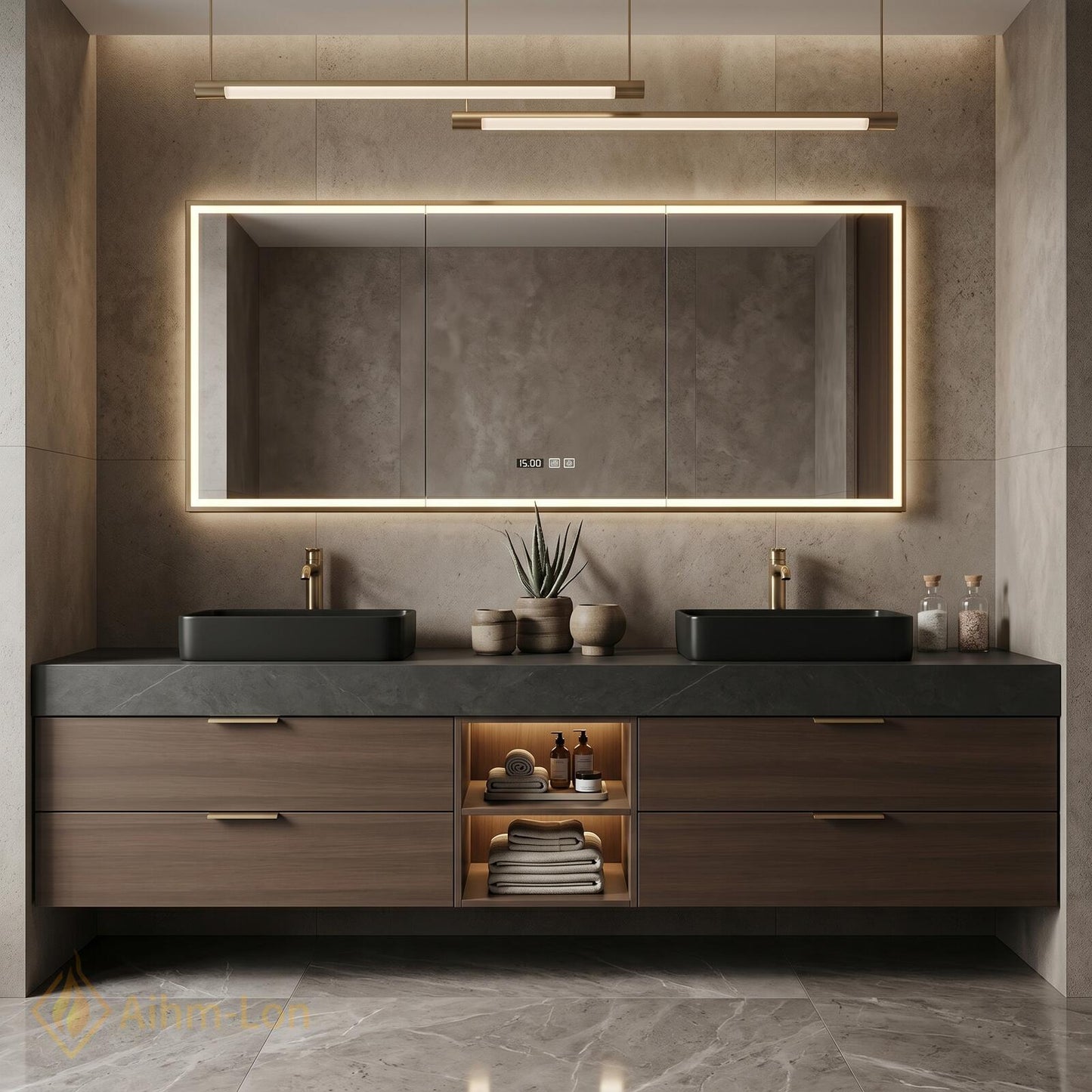 60''-96'' Modern Bathroom Vanity with Sink Dark Walnut Slatted Center Open Shelving