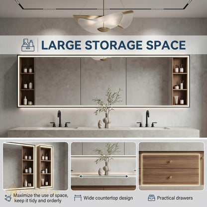 60''-96'' Double Bathroom Vanity with Sink Modern Slatted Spacious Mirror Cabinet