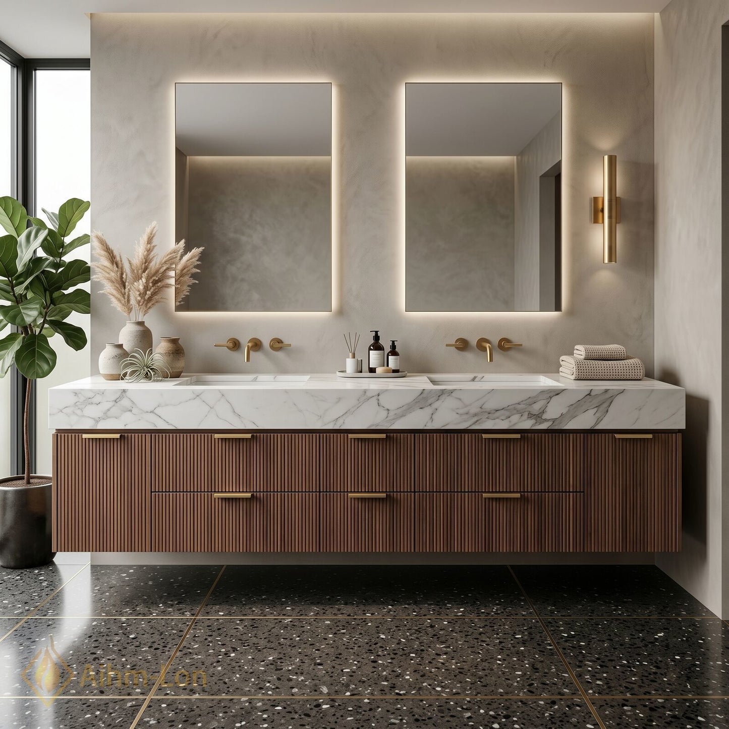 72''-96'' Double Bathroom Vanity with Sink Vertical Ribbed Panels Warm Wood Finish
