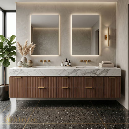 72''-96'' Double Bathroom Vanity with Sink Vertical Ribbed Panels Warm Wood Finish