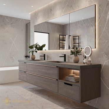 70''-96'' Modern Bathroom Vanity with Sink Floating Dark Wood Grey Stone LED Mirror