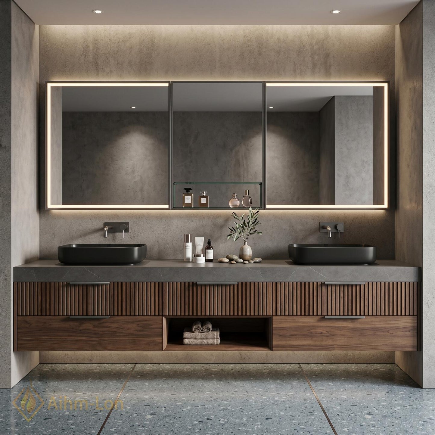 70''-96'' Modern Bathroom Vanity with Sink Floating Dark Walnut Slatted Stone Shelving