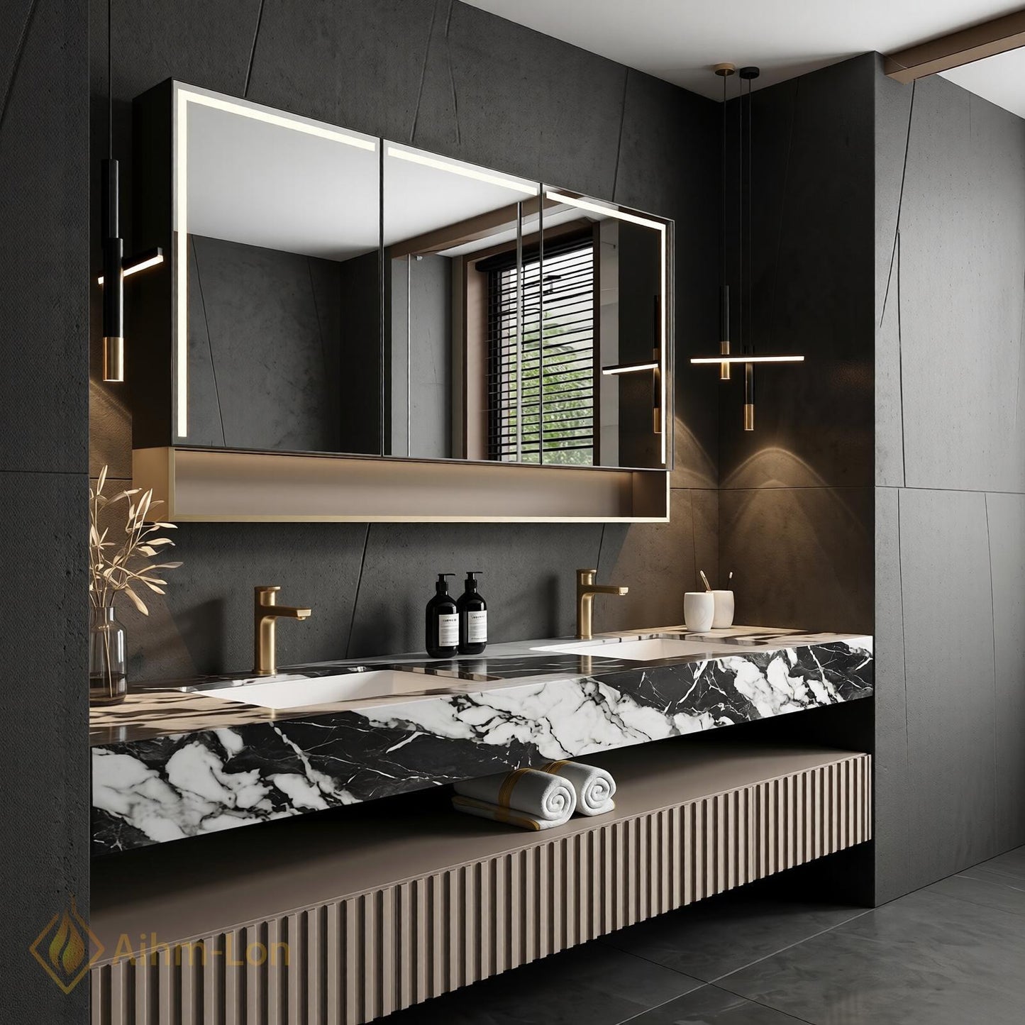 60''-96'' Double Bathroom Vanity with Sink Modern Floating Marble Top Ribbed Front
