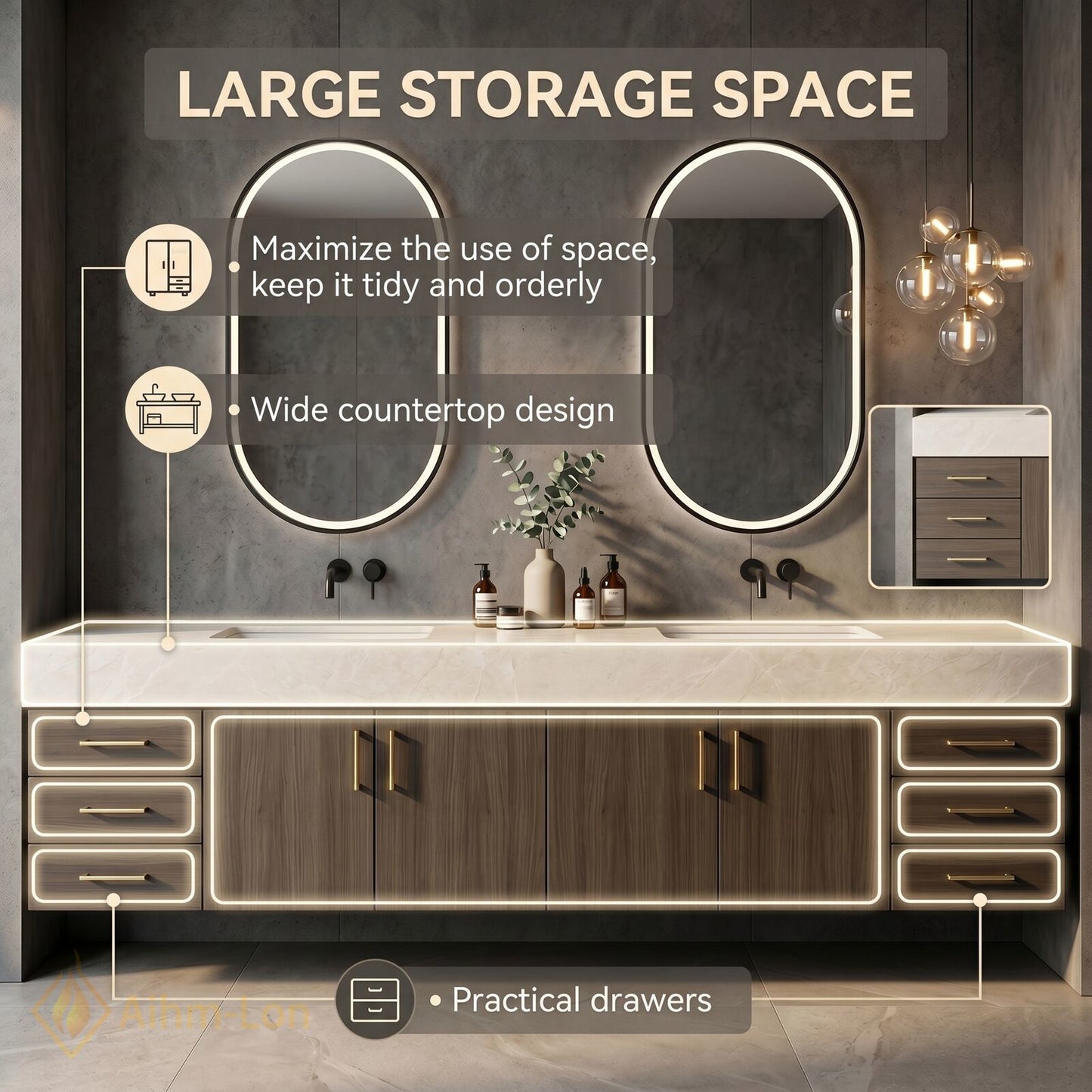 60''-96'' Double Bathroom Vanity with Sink Floating Basin Design Backlit Mirrors Veneer