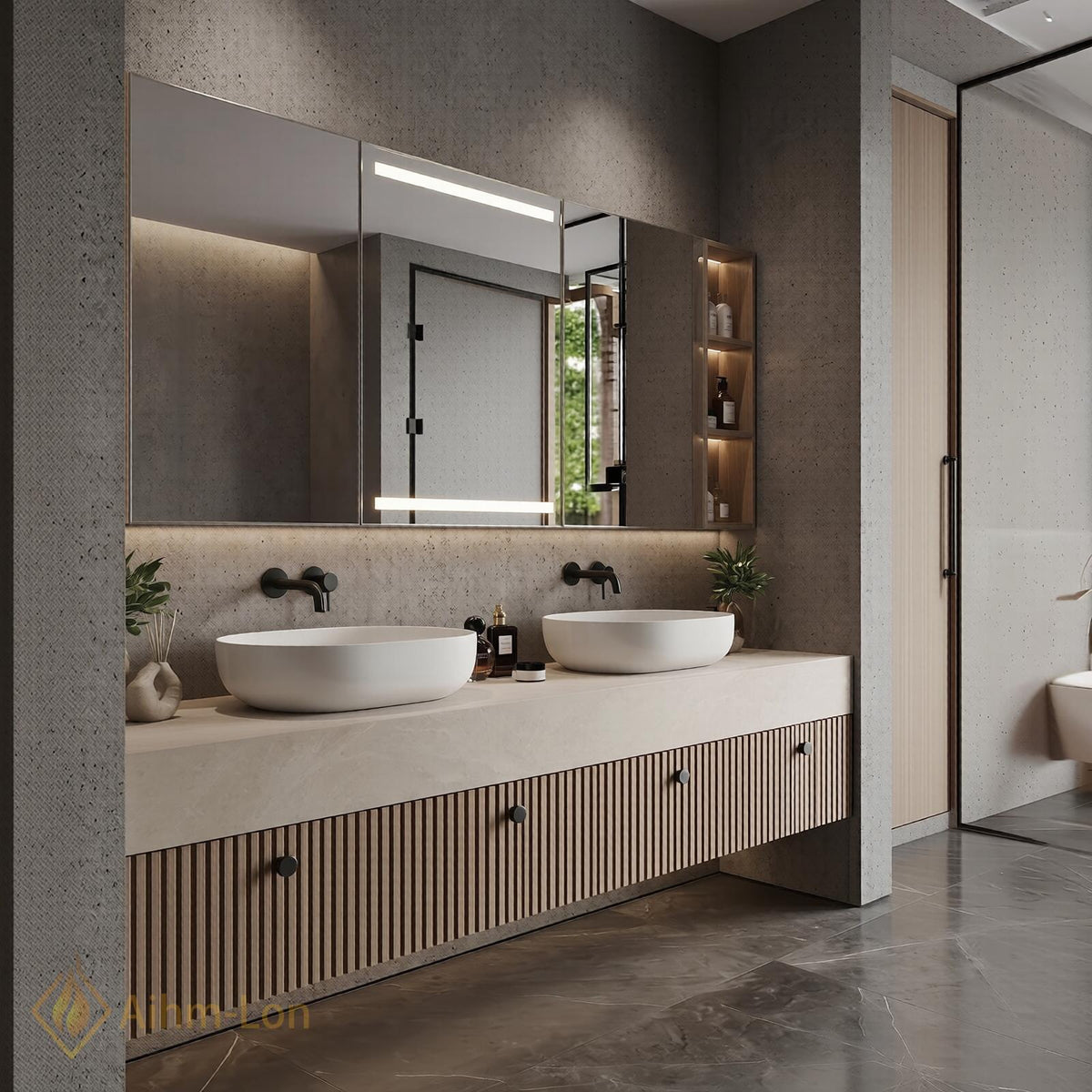 72''-96'' Double Bathroom Vanity with Sink Floating Vanity Stone Top Slatted Front