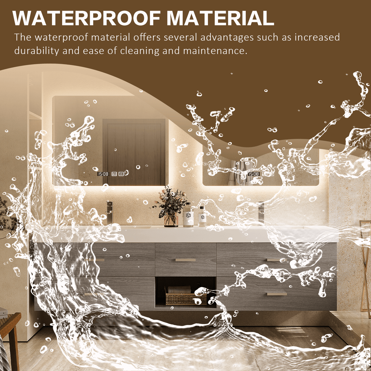 56"- 78"Floating Bathroom Vanity Includes Five Brown Wood Design Drawer