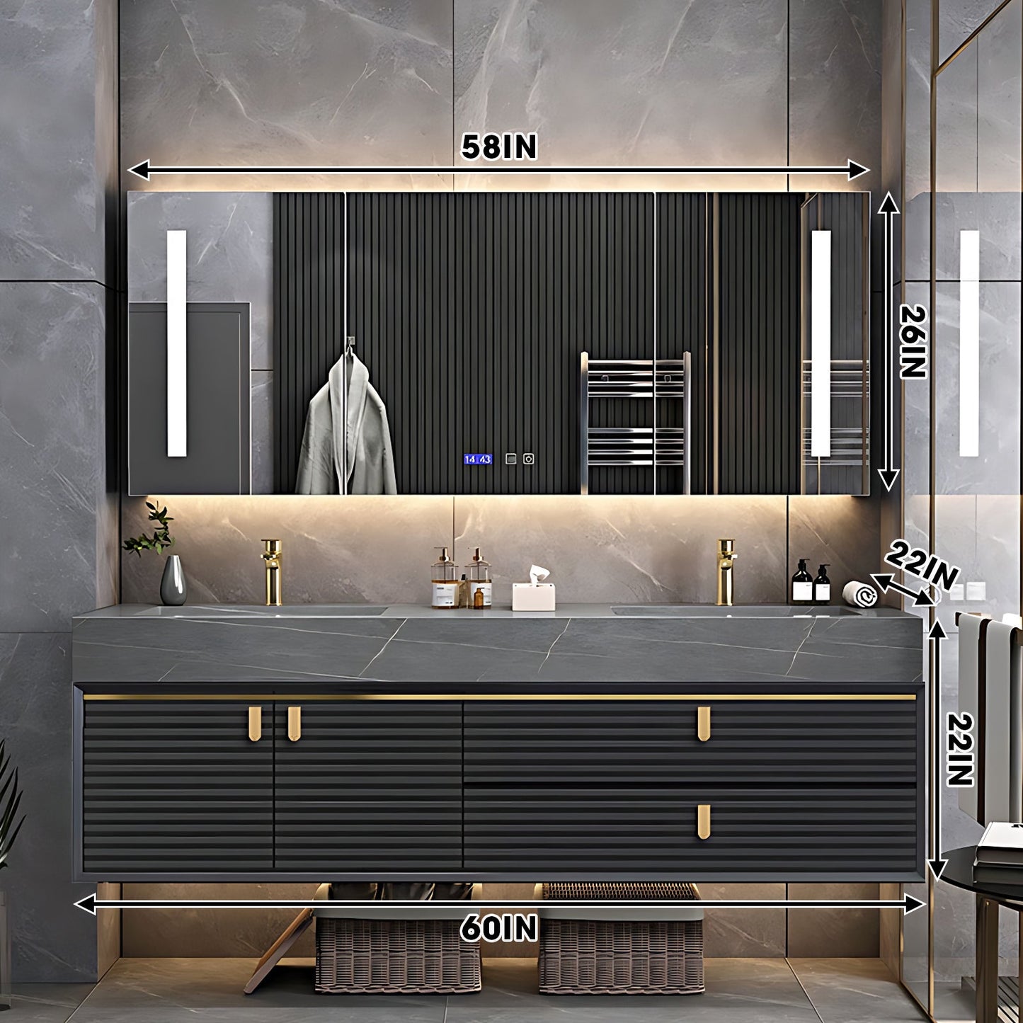 56"- 96" Luxury Bathroom Vanity Set with Double Sink and Rear Cabinet  Mirror