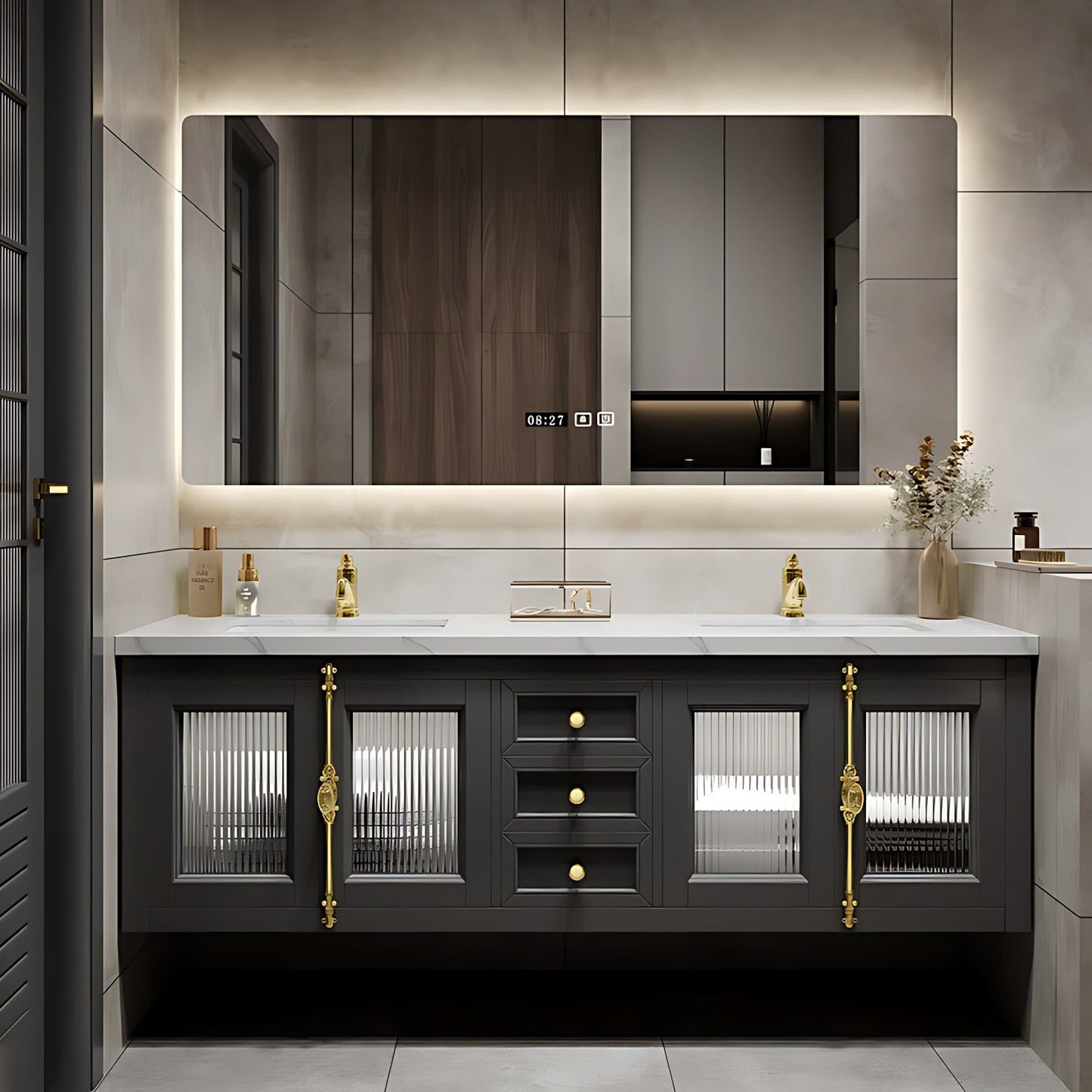 56"- 96"Elegant Double Sink Bathroom Vanity with Sense of Atmosphere Defogging Mirror
