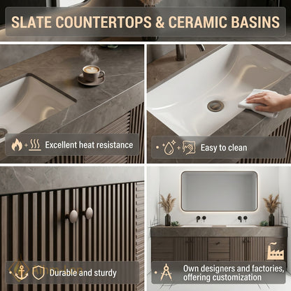 76''-96'' Double Bathroom Vanity with Sink Dark Stone Finish Slatted Panels Countertop