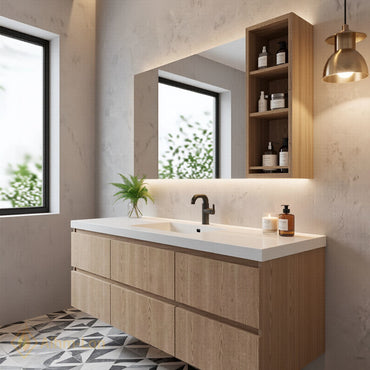 48''-64'' Modern Bathroom Vanity with Sink White Stone Wood Grain Side Shelving