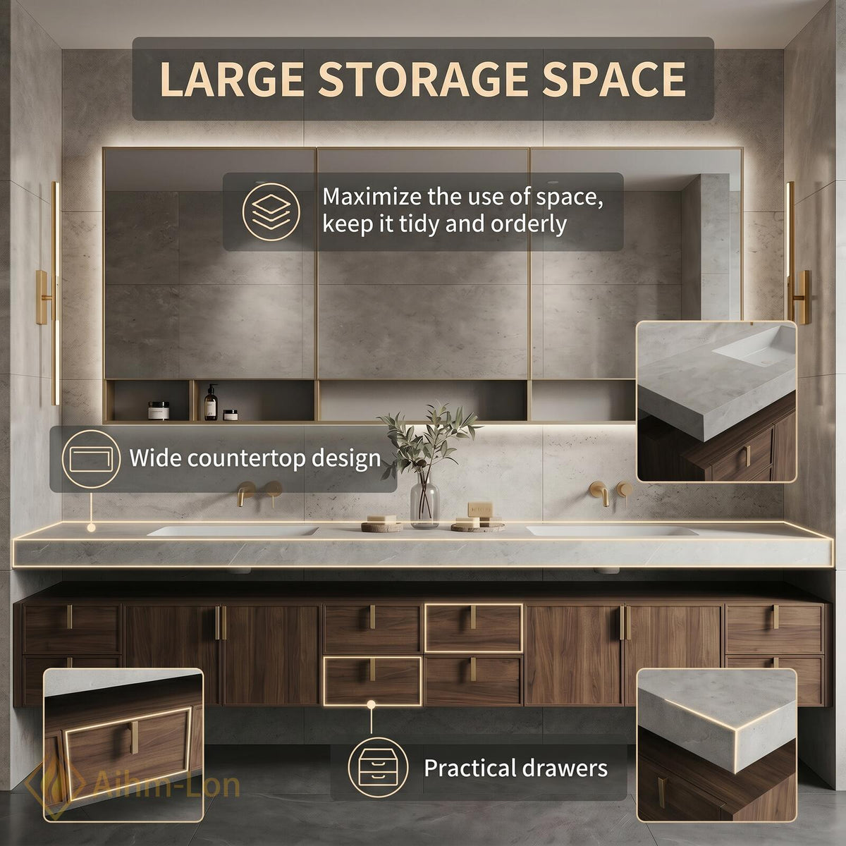 80''-96'' Double Bathroom Vanity with Sink Floating Double Walnut Finish Modern