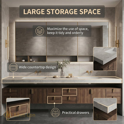 80''-96'' Double Bathroom Vanity with Sink Floating Double Walnut Finish Modern