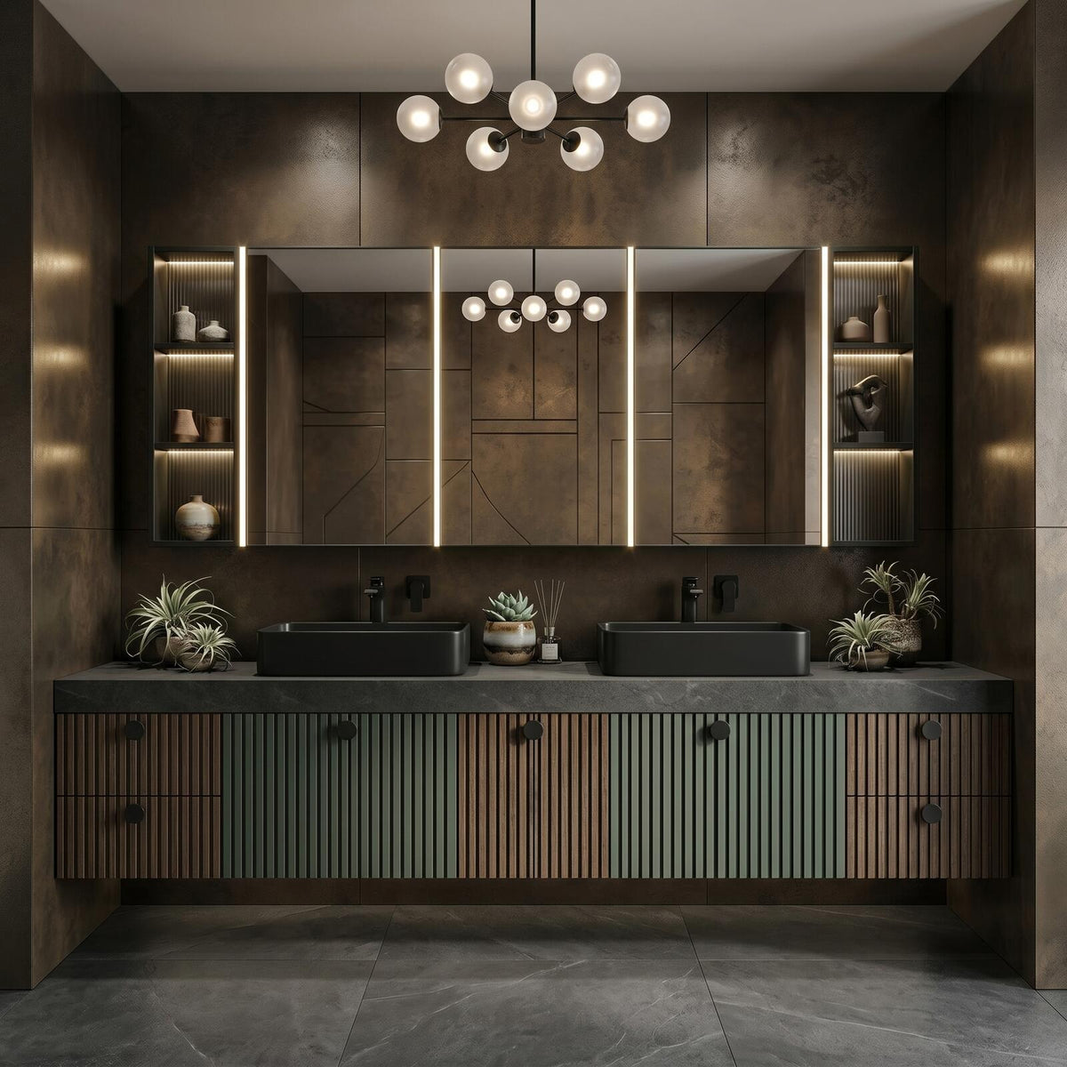 60''-96'' Double Bathroom Vanity with Sink Modern Floating Two-Tone Slatted Open Shelving