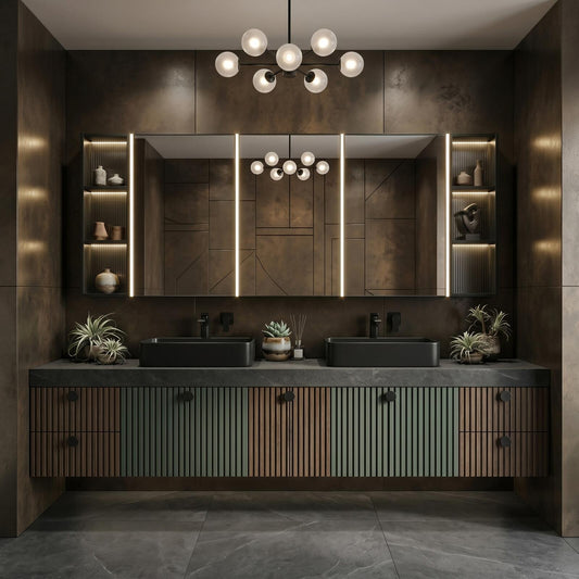 60''-96'' Double Bathroom Vanity with Sink Modern Floating Two-Tone Slatted Open Shelving
