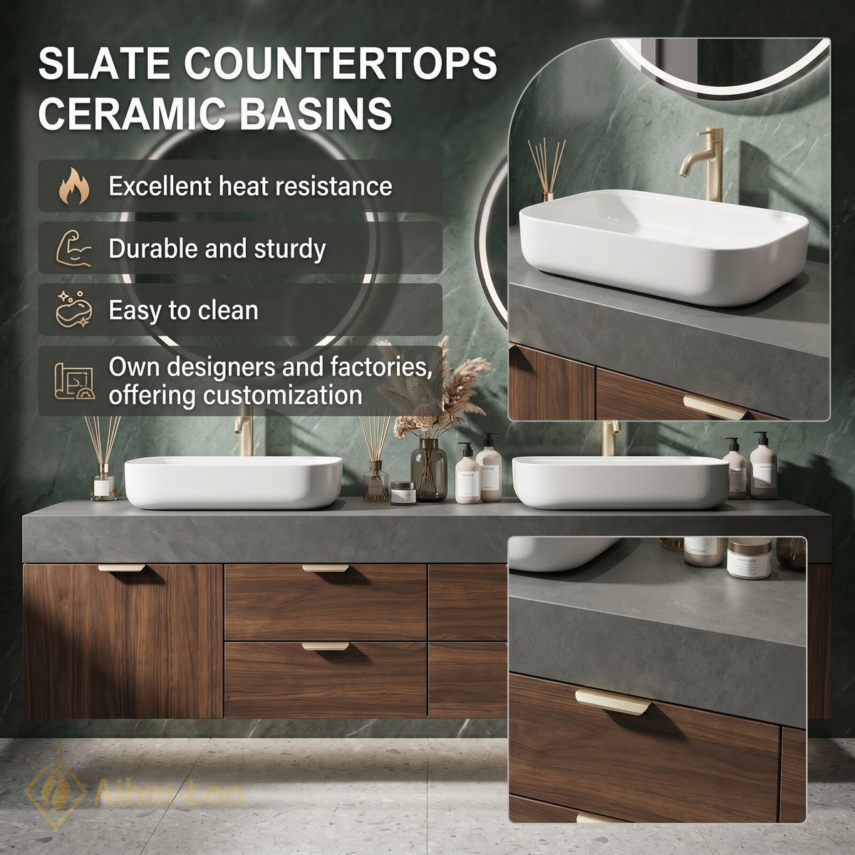 60''-96'' Double Bathroom Vanity with Sink Dark Walnut Slatted Center Panel Shelving
