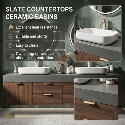 60''-96'' Double Bathroom Vanity with Sink Dark Walnut Slatted Center Panel Shelving