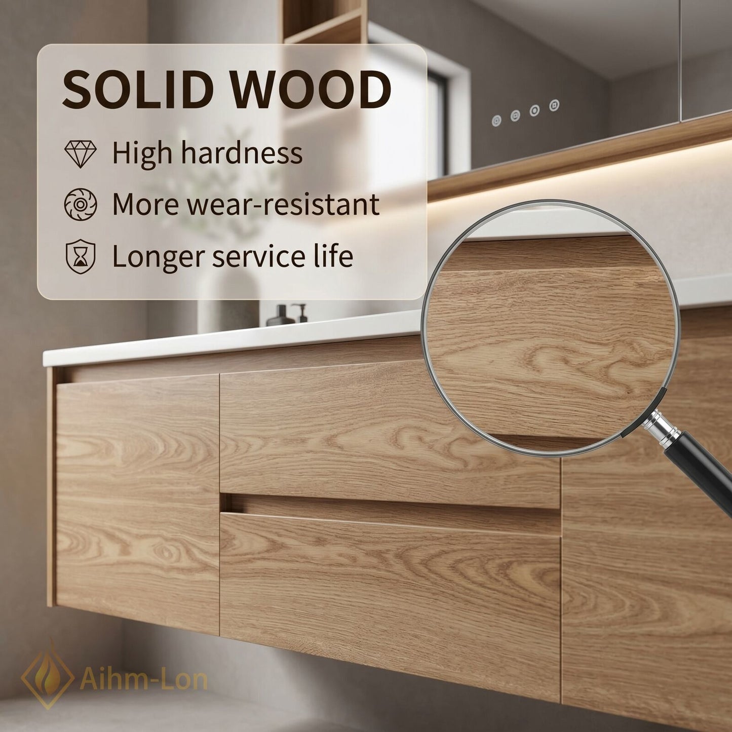 36''-64'' Floating Bathroom Vanity with Sink Sleek Natural Oak Grain Mirror Cabinet