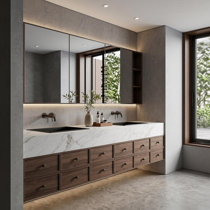 78''-96'' Modern Bathroom Vanity with Sink Floating Double White Marble Top Drawers