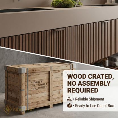 60''-96'' Double Bathroom Vanity with Sink Modern Walnut Slatted Panel Open Base Shelf