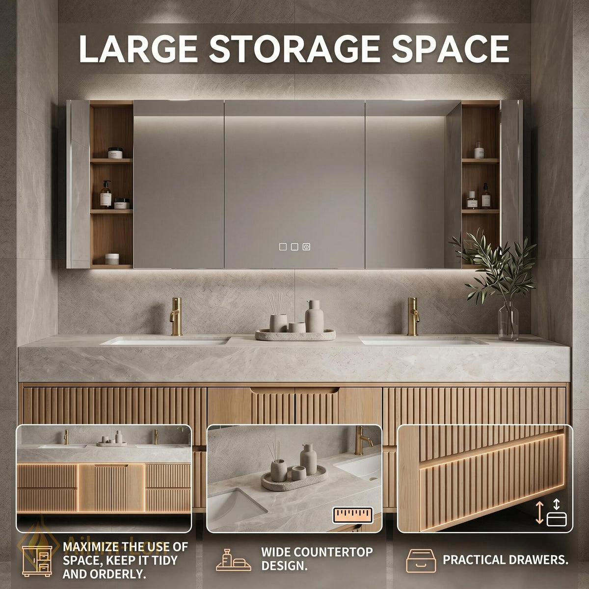 60''-96'' Double Bathroom Vanity with Sink Floating Wood Finish Fluted Panel Doors