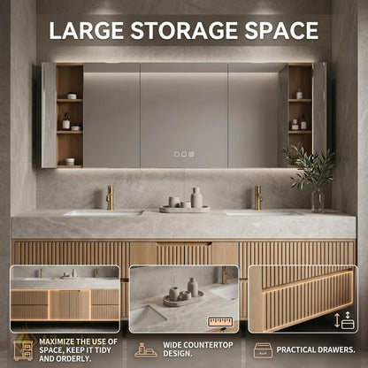 60''-96'' Double Bathroom Vanity with Sink Floating Wood Finish Fluted Panel Doors