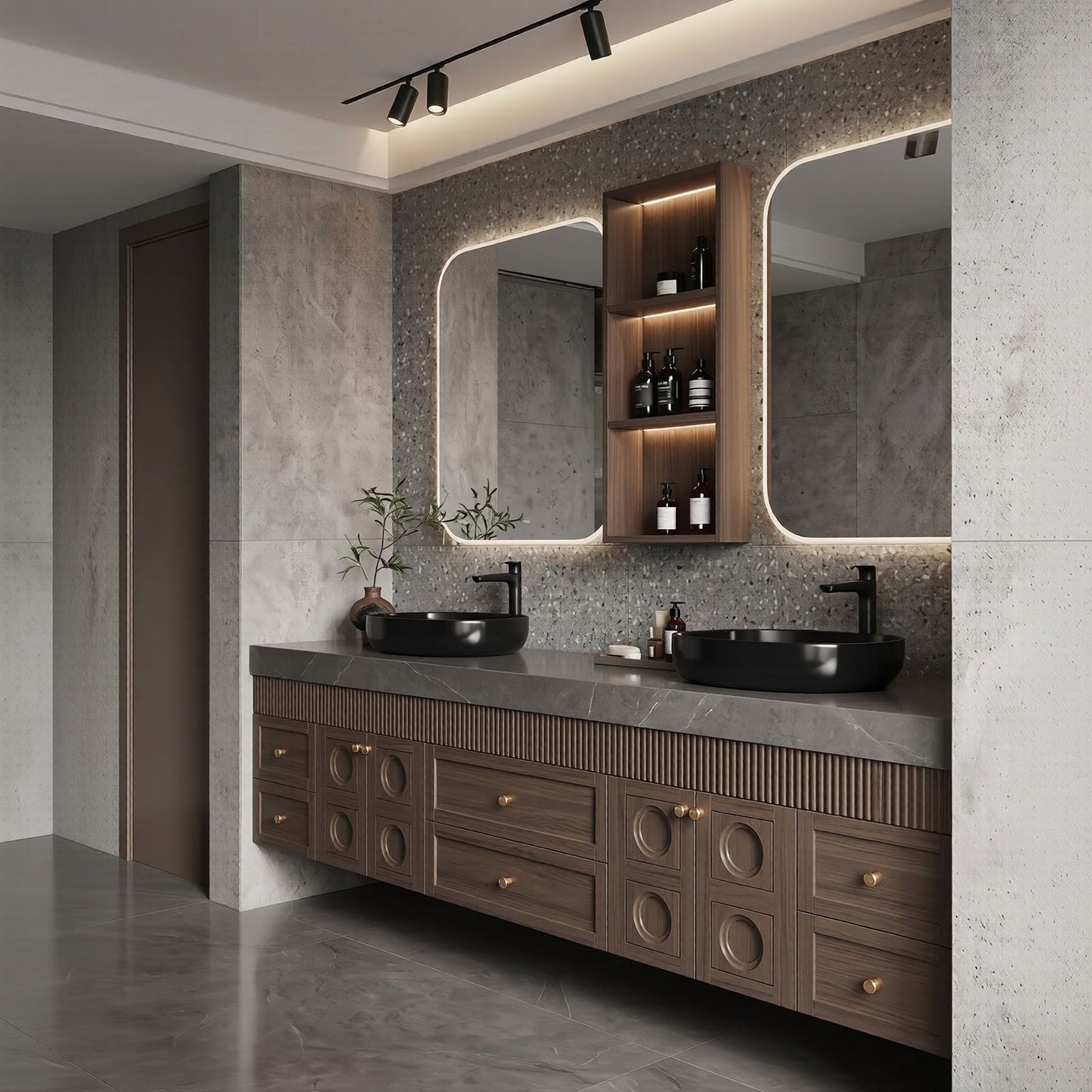 70''-96'' Modern Bathroom Vanity with Sink Ridge-Panel Dark Wood Grain Spacious Cabinet