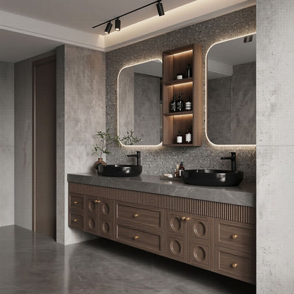 70''-96'' Modern Bathroom Vanity with Sink Ridge-Panel Dark Wood Grain Spacious Cabinet