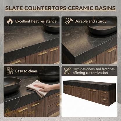 78''-96'' Double Bathroom Vanity with Sink Dark Wood Finish Drawer Storage