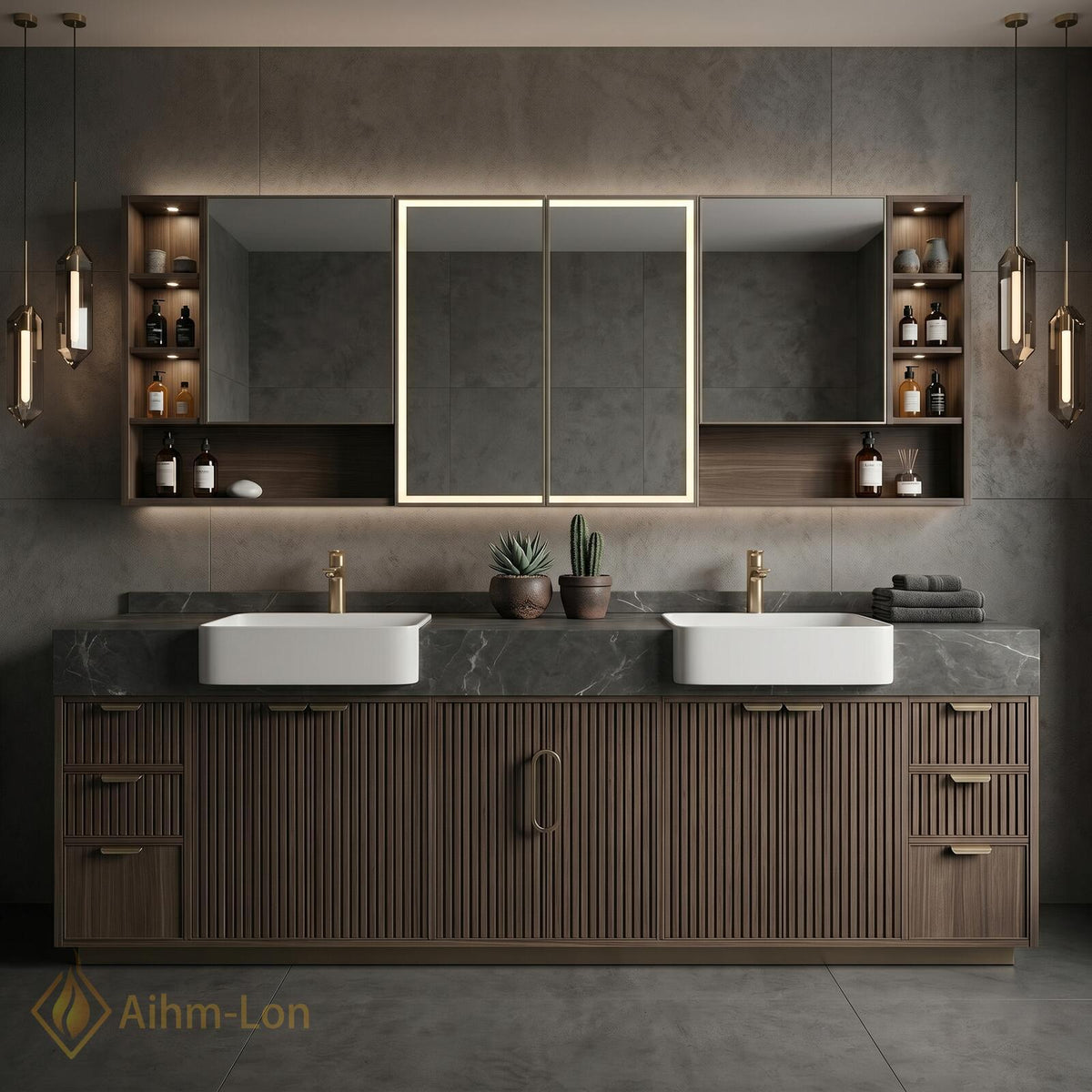 60''-96'' Double Bathroom Vanity with Sink Dark Gray Stone Fluted Front Panels