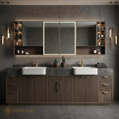 60''-96'' Double Bathroom Vanity with Sink Dark Gray Stone Fluted Front Panels