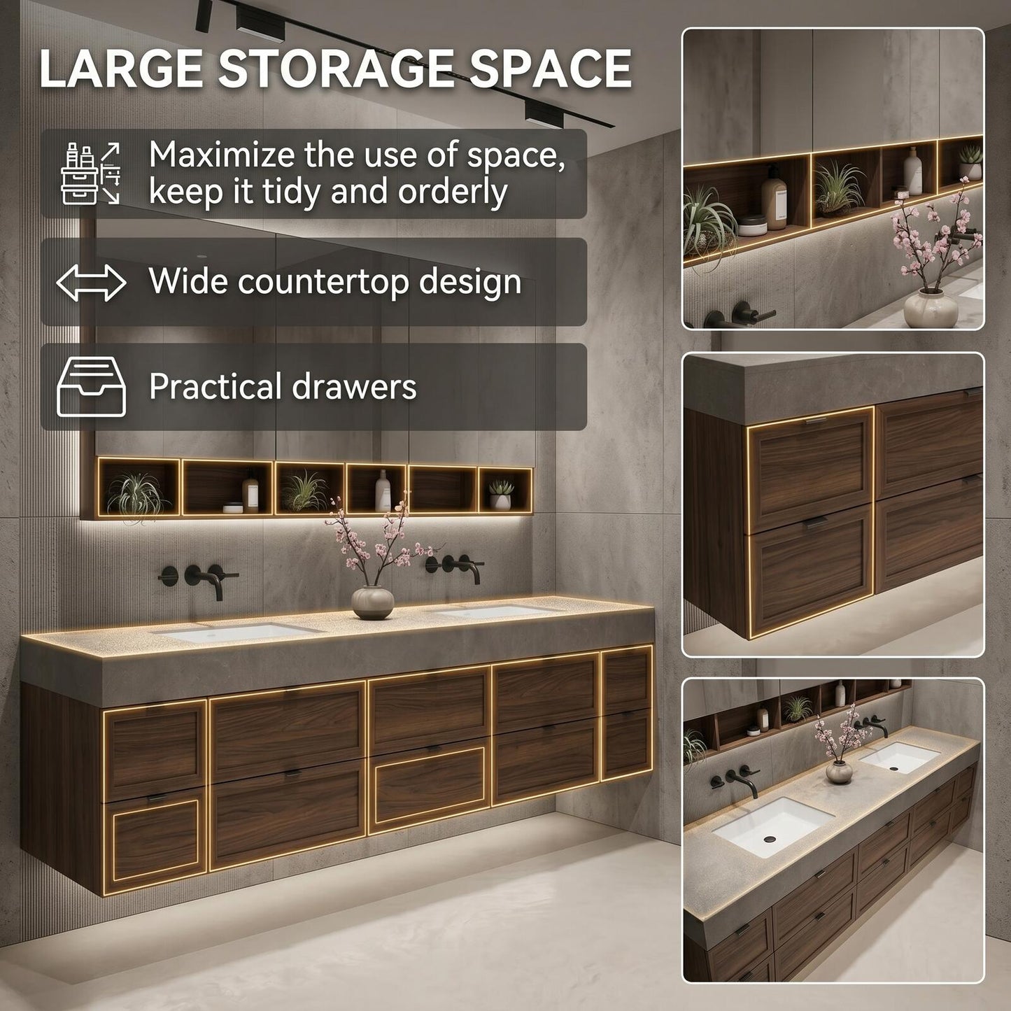 70''-96'' Modern Bathroom Vanity with Sink Double Sink Dark Walnut Slatted Shelf Cabinet