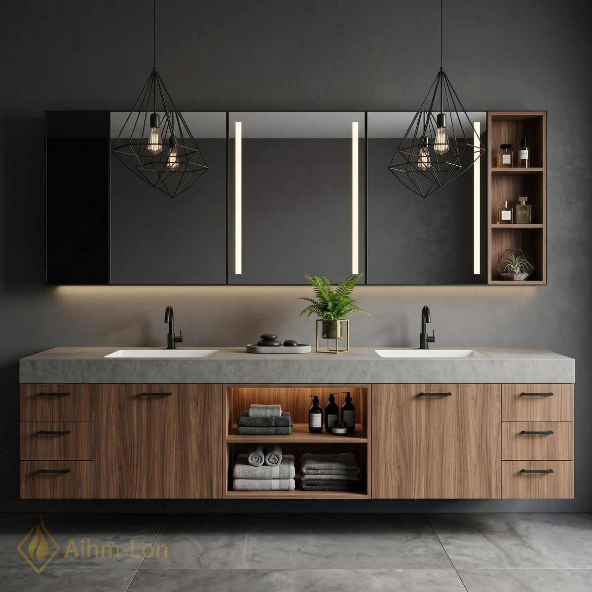 60''-96'' Double Bathroom Vanity with Sink Modern Floating Basin Walnut Finish Slatted