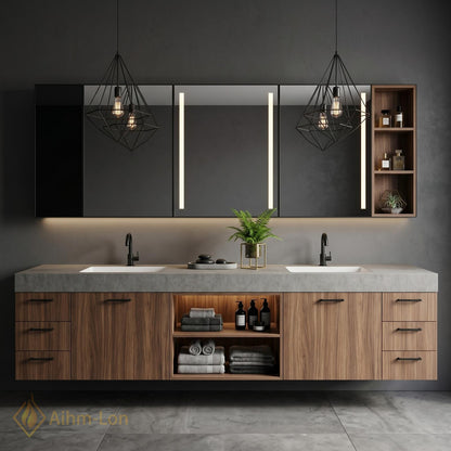 60''-96'' Double Bathroom Vanity with Sink Modern Floating Basin Walnut Finish Slatted