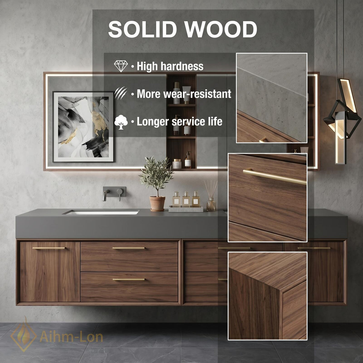 60''-96'' Double Bathroom Vanity with Sink Floating Warm Wood-Grain Finish Drawer Unit