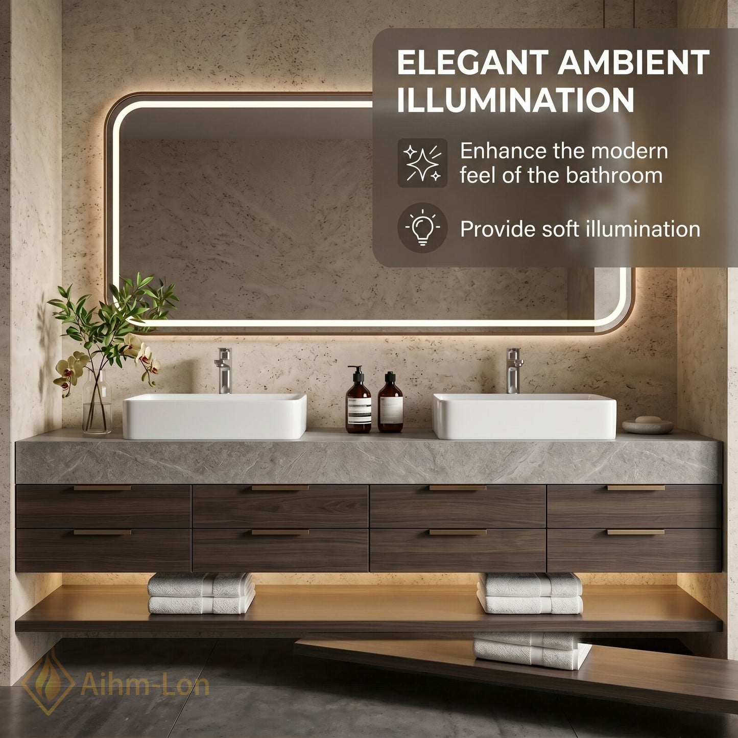 70''-96'' Double Bathroom Vanity with Sink Modern Stone Textured Top Dark Wood
