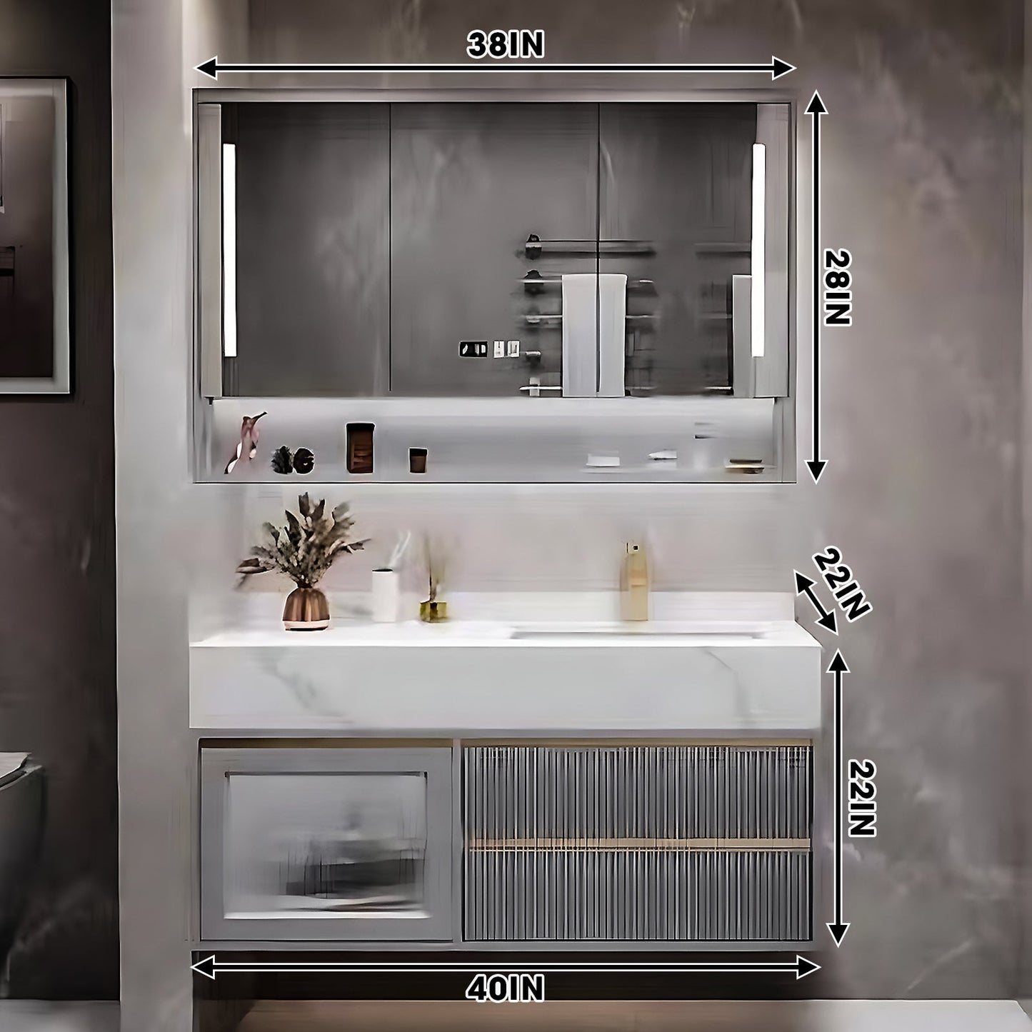 36"- 60" Modern Grey Bathroom Vanity Set with Ceramic Basin and Smart Mirror Cabinet