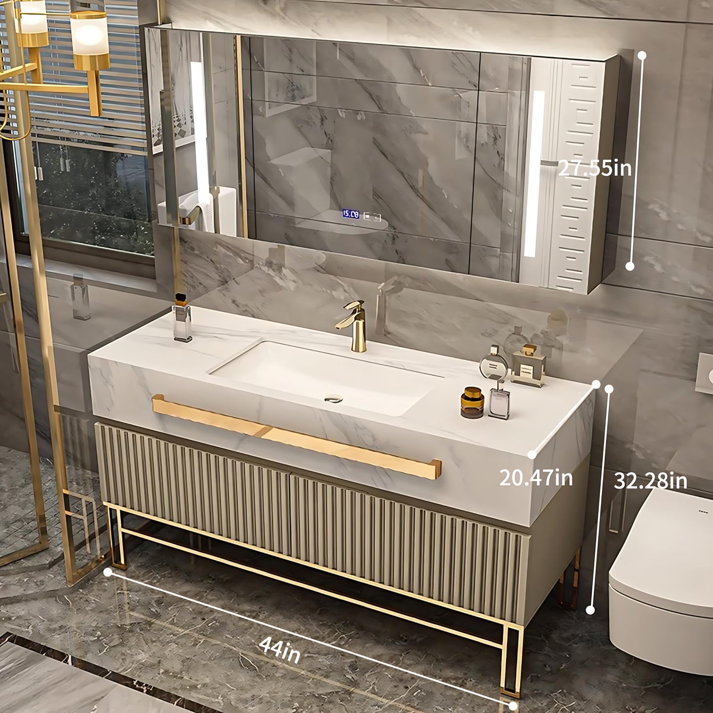 36"- 68" Freestanding Gold Bathroom Vanity Set with Smart Light Cabinet