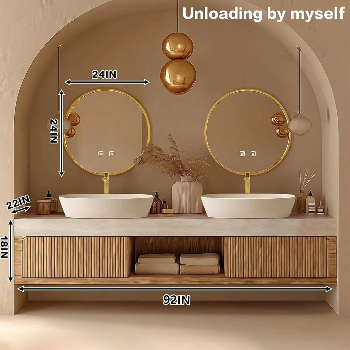 60"-96"Floating Bathroom Vanity with Double Sinks Includes Round Mirror