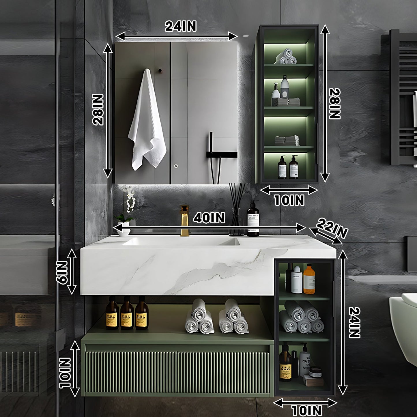 36"- 78" Green Bath Vanity Set with Defogging Mirror & Single Sink Floating