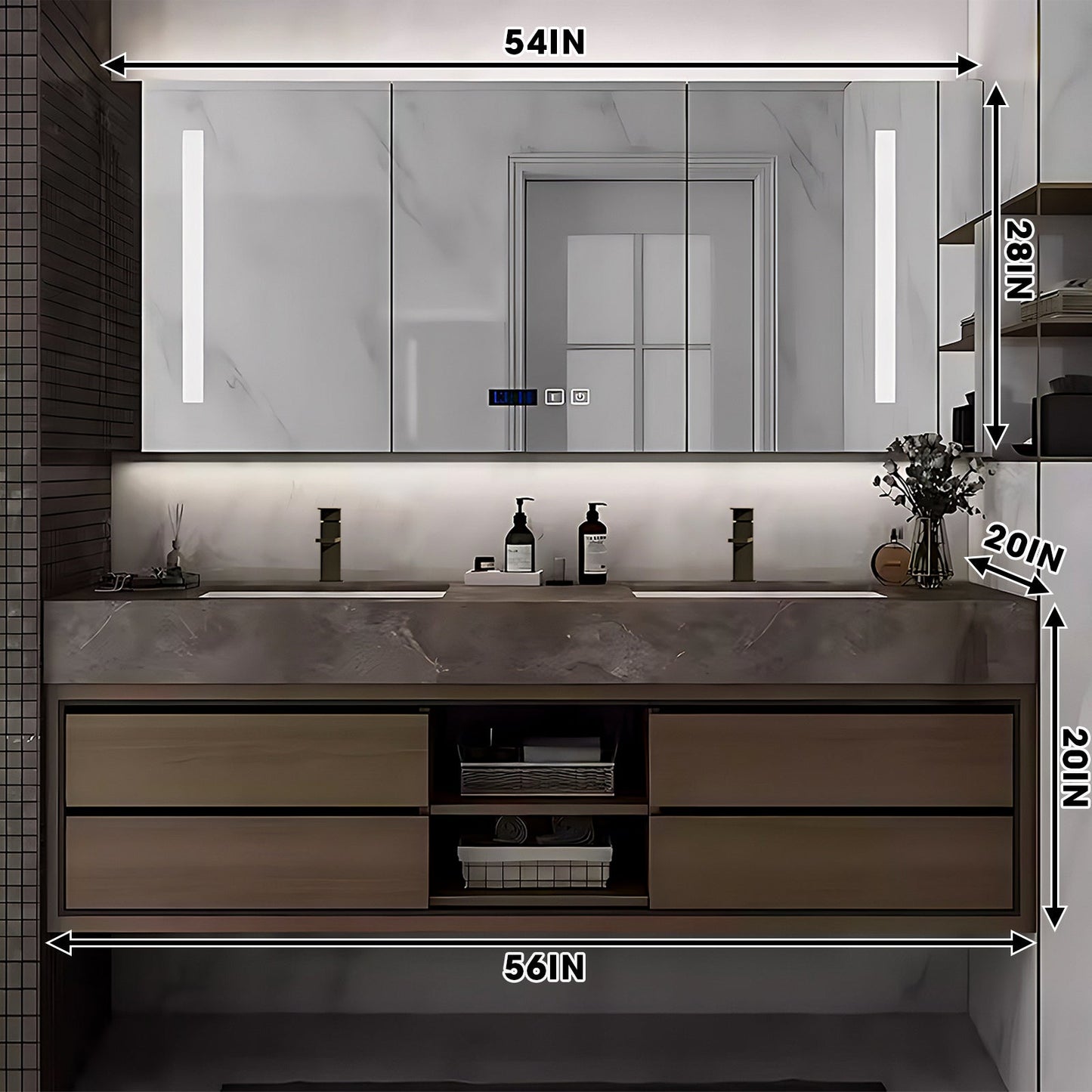 52"- 96" Modern Double Ceramic Basin Bath Vanity Set with Smart Mirror Cabinet