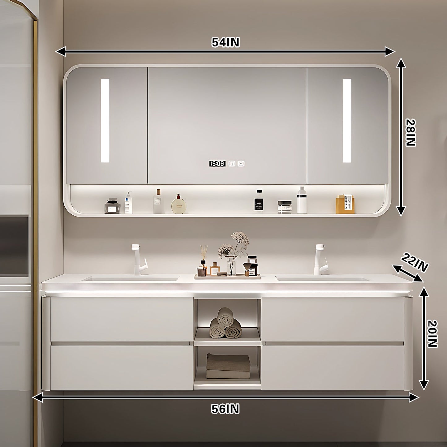 52"-96"High Gloss White Double Basin Floating Bathroom Vanity