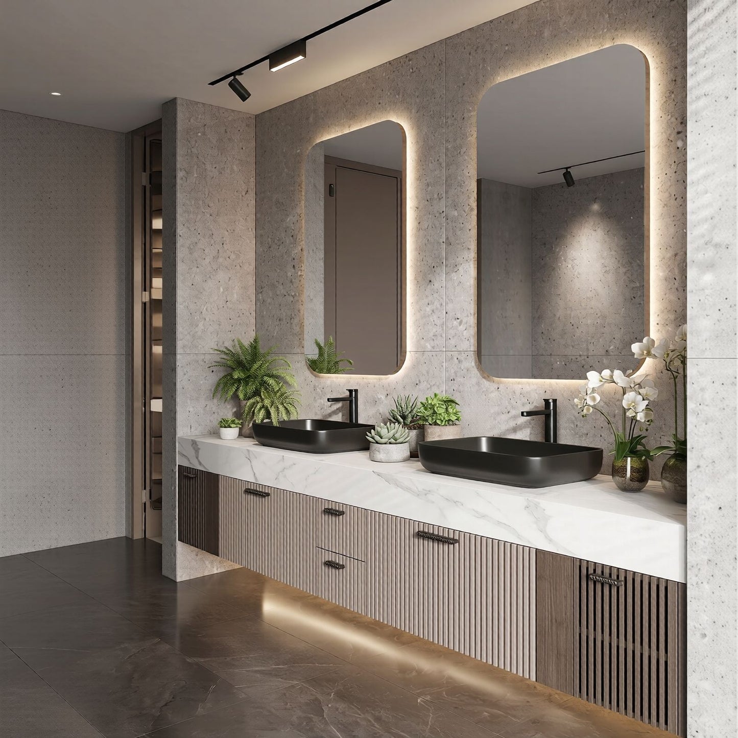 70''-96'' Floating Bathroom Vanity with Sink Double Sink Marble Veined Slatted Front Cabinet