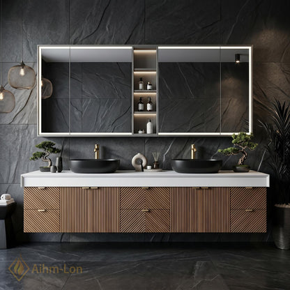 78''-96'' Modern Bathroom Vanity with Sink Floating Dark Wood Slatted Mirror Cabinet