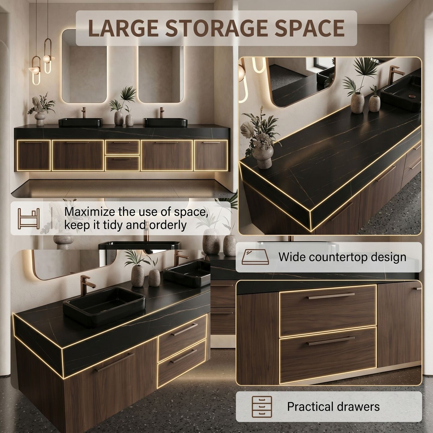 70''-96'' Double Bathroom Vanity with Sink Floating Wall-Mounted Dark Wood Grain Cabinet