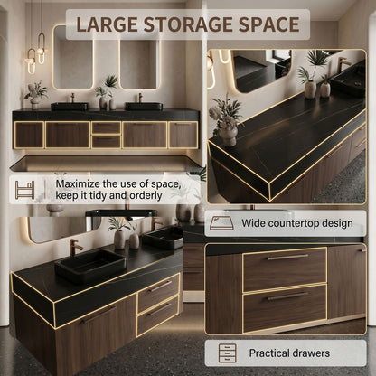 70''-96'' Double Bathroom Vanity with Sink Floating Wall-Mounted Dark Wood Grain Cabinet