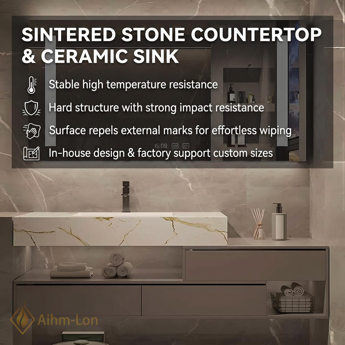 36''-110'' Double Bathroom Vanity with Sink Floating Marble Top Grey Mirror Storage